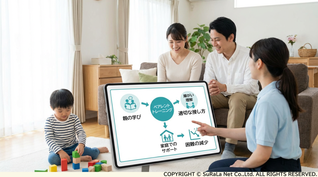 ペアレント・トレーニングの流れ（親の学び、適切な接し方、家庭でのサポート、困難の減少）を説明する図解と家族の様子。