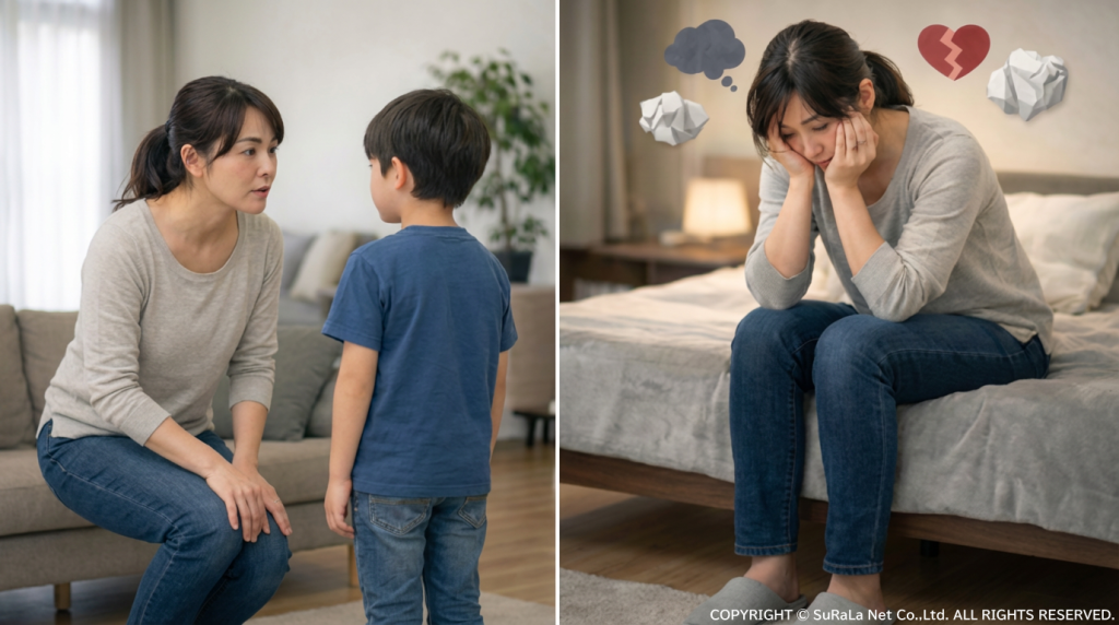 子供と目線を合わせて話そうと努力する母親と、寝室で一人、育児疲れに頭を抱える母親の比較。
