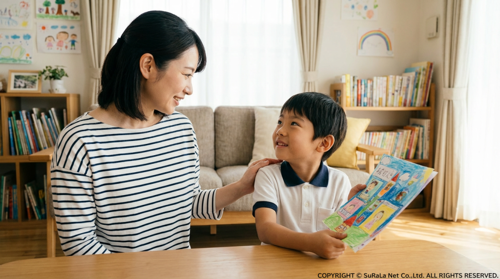 子供が描いた絵を一緒に見ながら、優しく微笑み、肩に手を置く母親。