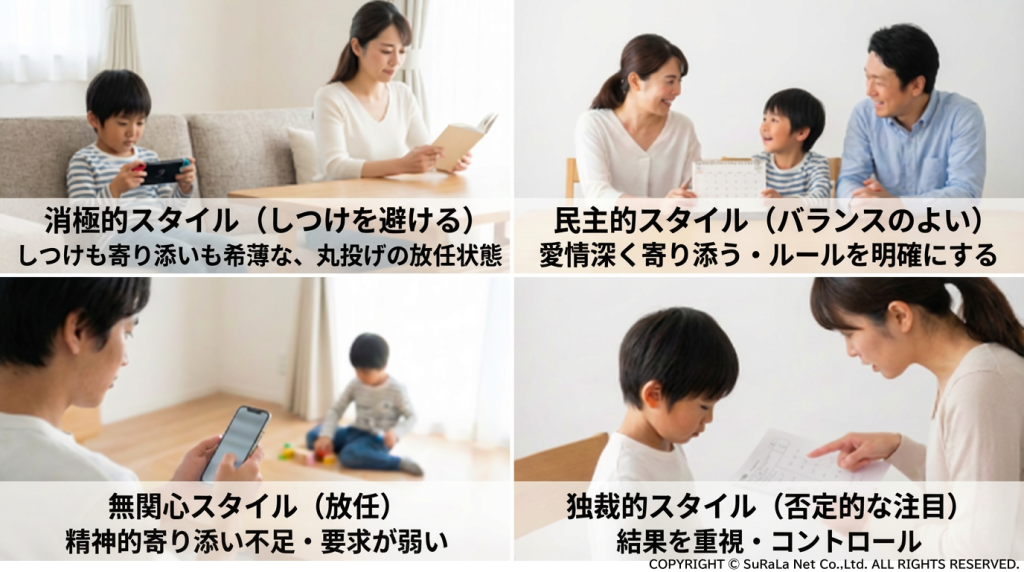 消極的、民主的、無関心、独裁的な各子育てスタイルの具体的な日常シーンの比較写真。