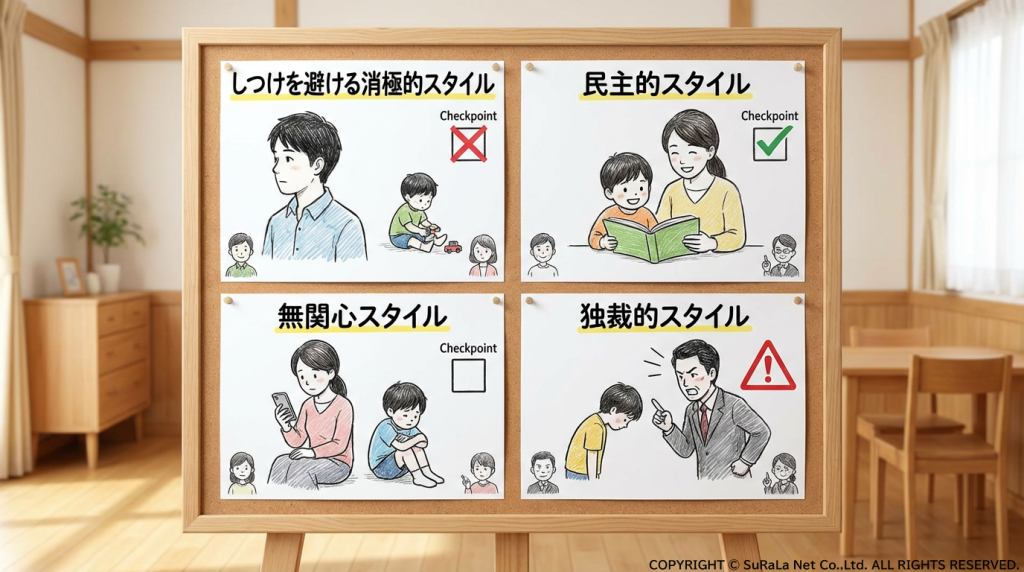 掲示板に貼られた4つの子育てスタイル（消極・民主・無関心・独裁）のイラストとチェックポイント。