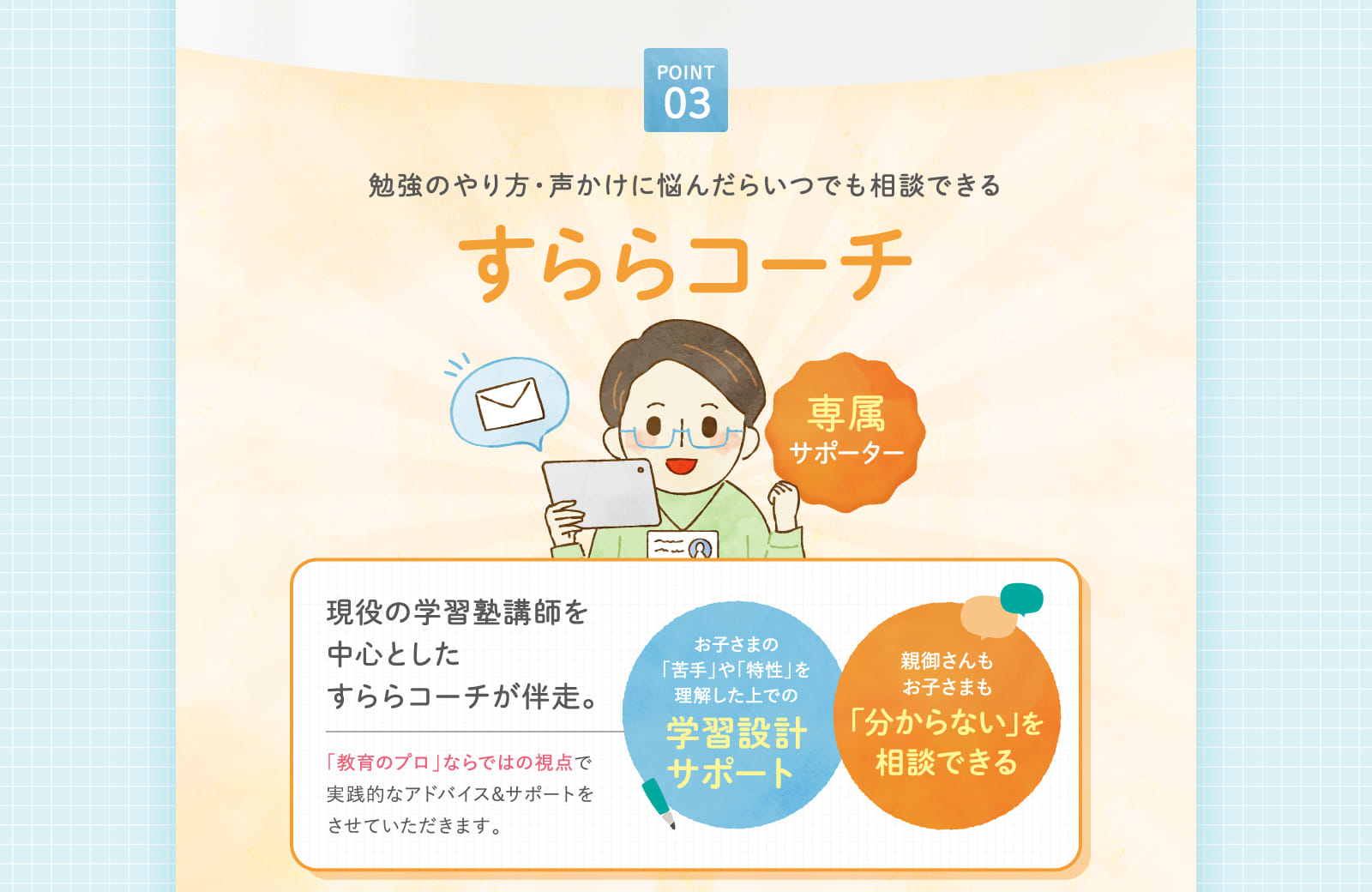 勉強のやり方・声かけに悩んだらいつでも相談できるすららコーチ